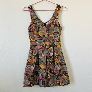 ModCloth Bea & Dot Owl Above Print Mini Dress Romper V-neck brown orange green